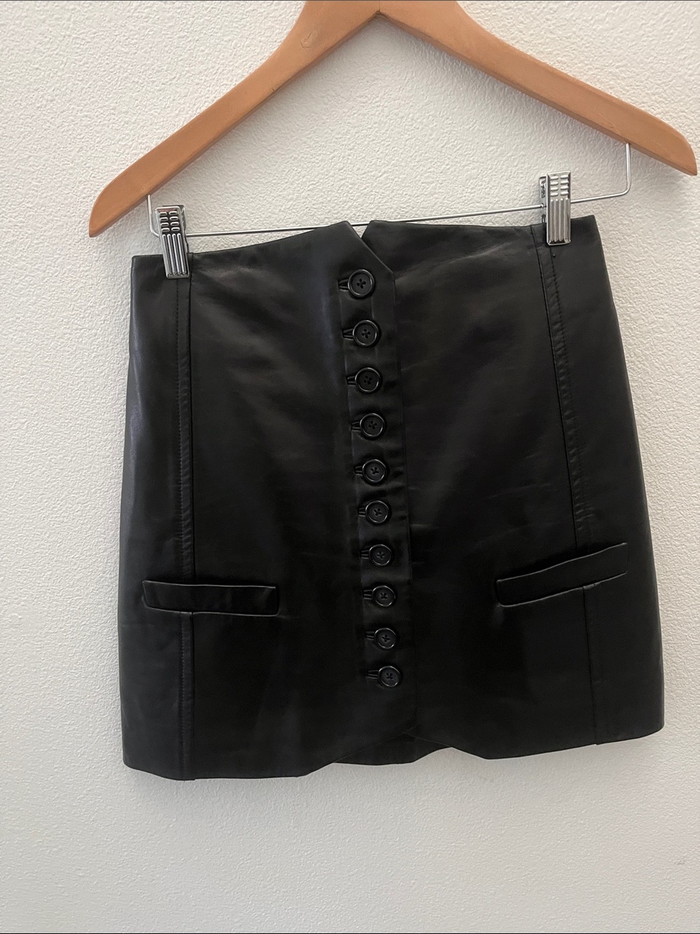 Helmut Lang Black Button-Front Lamb Leather Mini Skirt 0